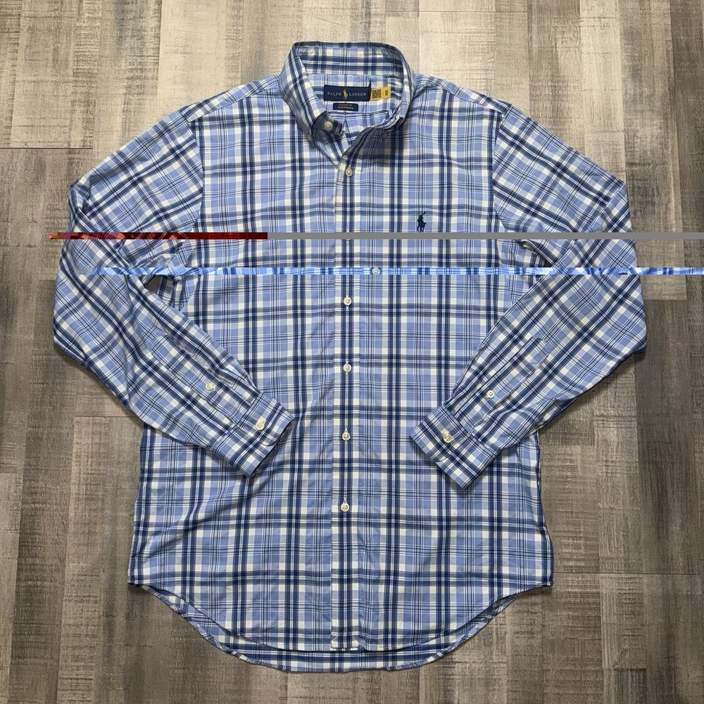 Polo Ralph Lauren Men's S Blue Plaid Performance Shirt Button-Up, Long Sleeve